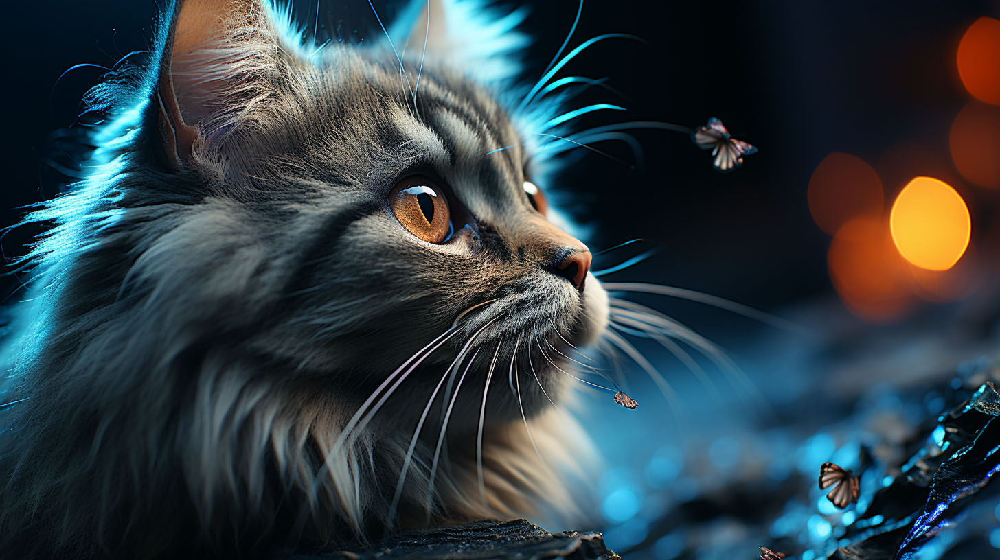 a-close-up-view-of-a-cat-starring-at-butterfly